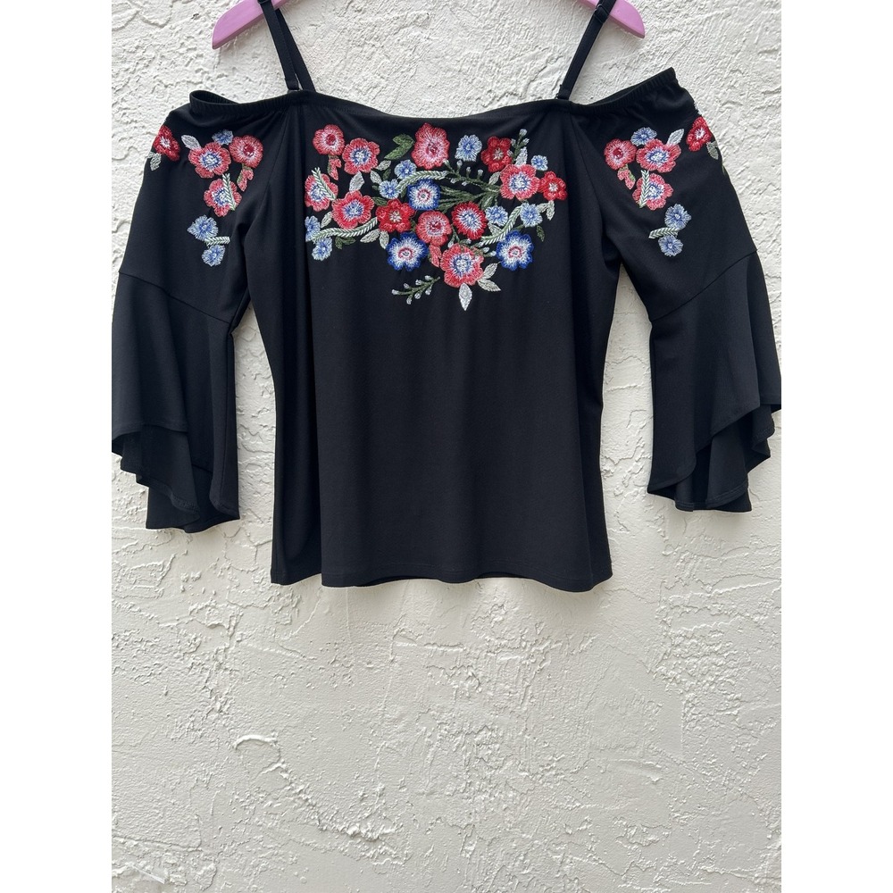 INC International Concepts Black Floral Embroidered Cold Shoulder Ruffle Top M